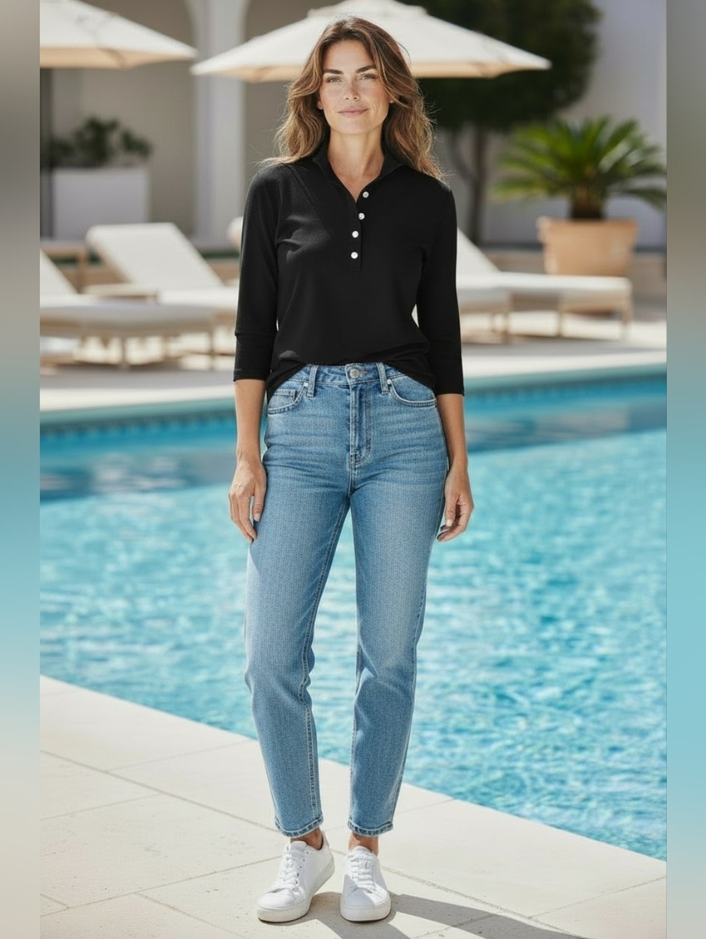 Lulu B - Black Blouse, Mock Collar, 3 Buttons V-Neck, 3/4 Sleeves, Side Slits